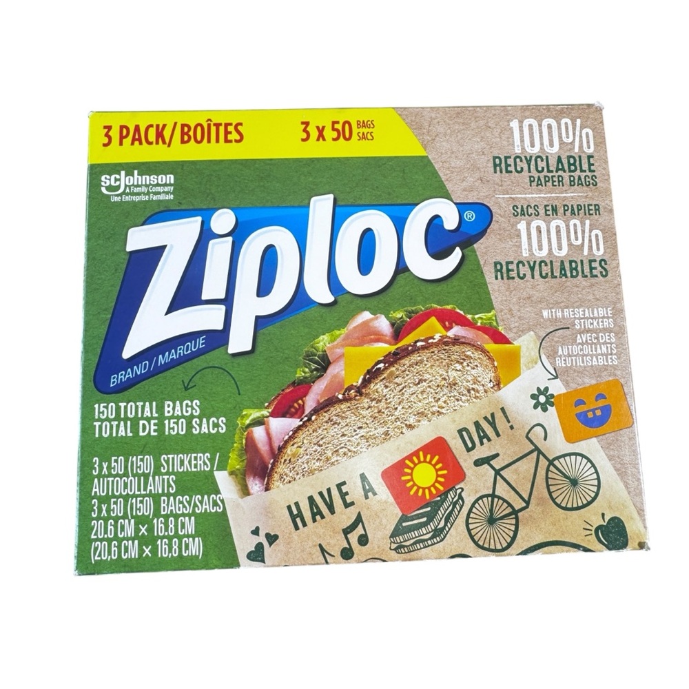 Ziploc Recyclable Paper Sandwich Bags, Fold-Top Lunch Bags with Resealable Stick